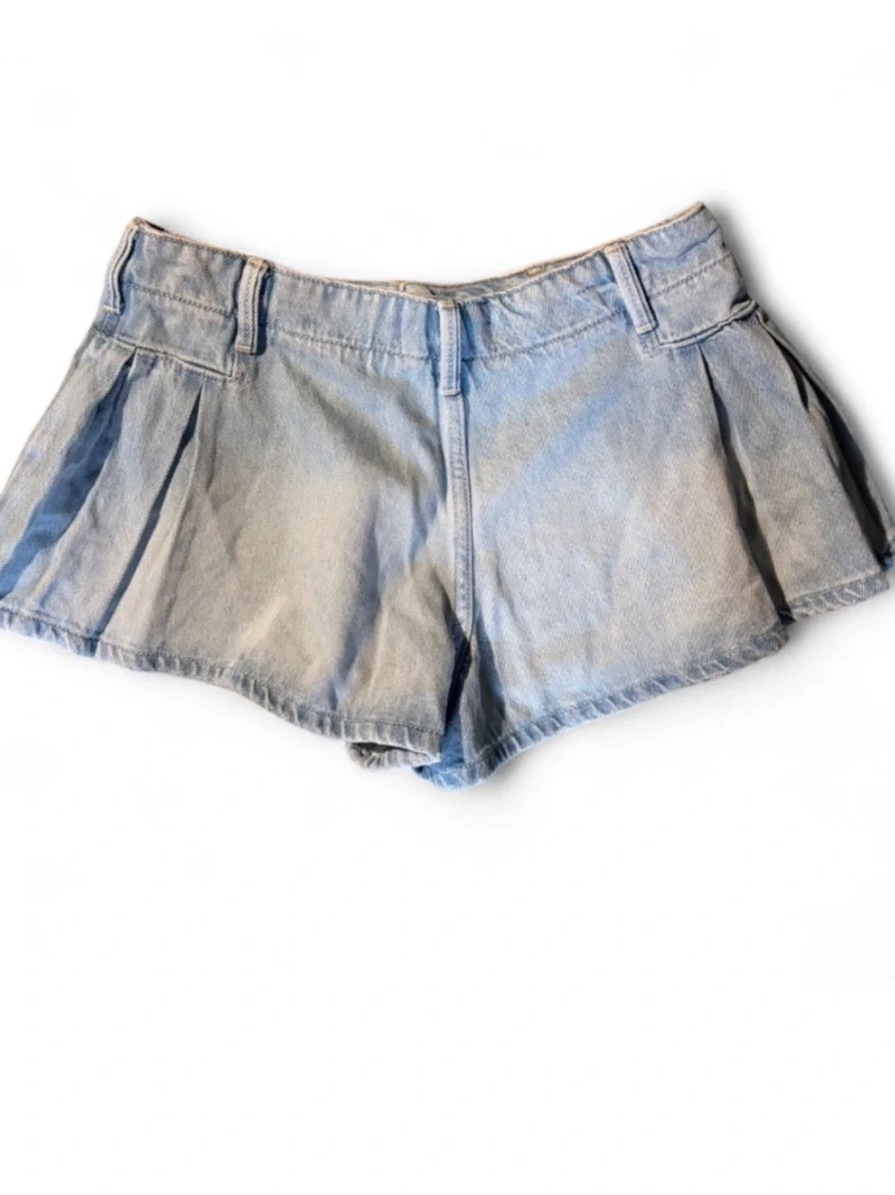 Baykan Denim Pleated Micro Mini Skort Shorts Light Wash